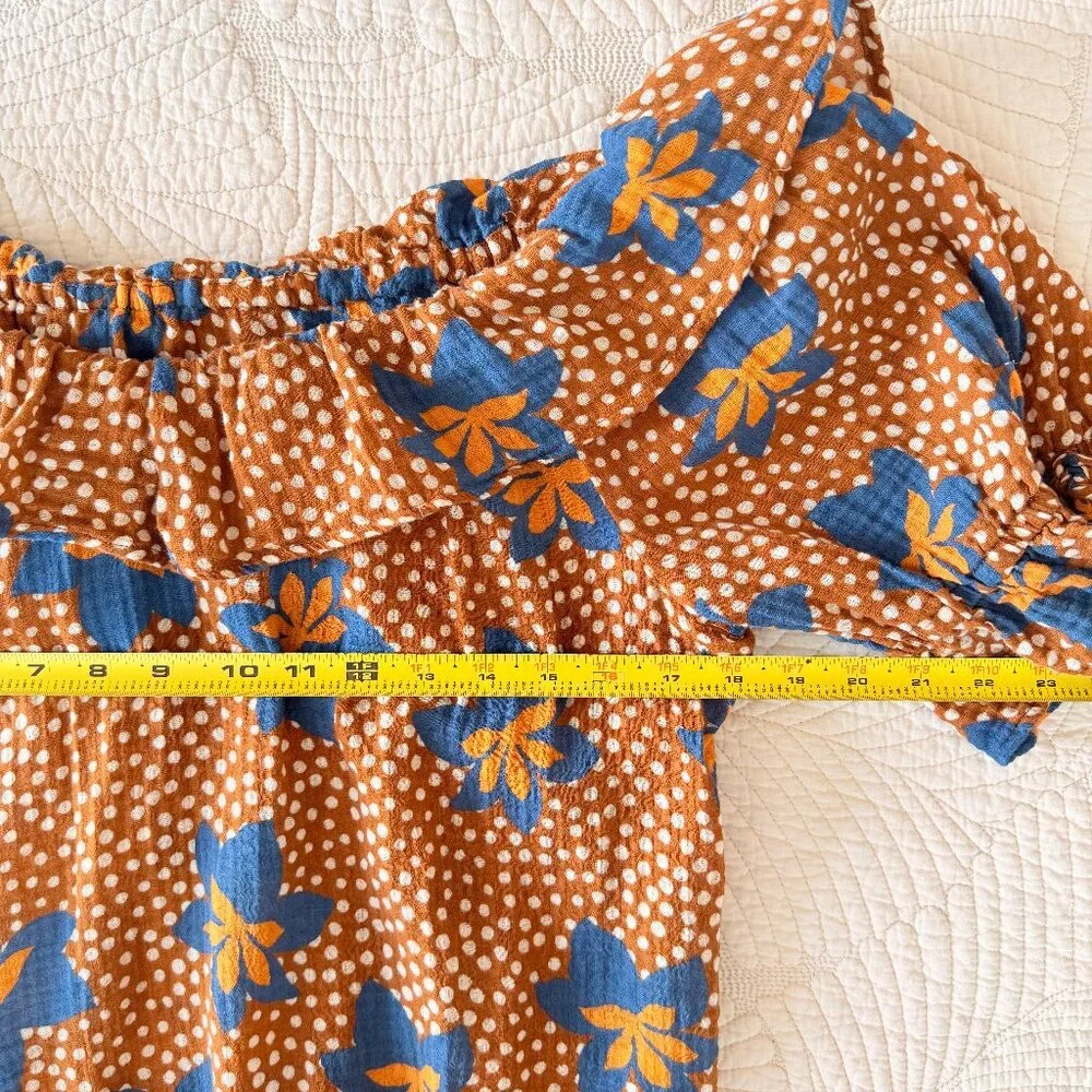 Porridge by Anthropologie Floral Blue & Gold Ruffled Crop Top - Size M - Picture 8 of 8